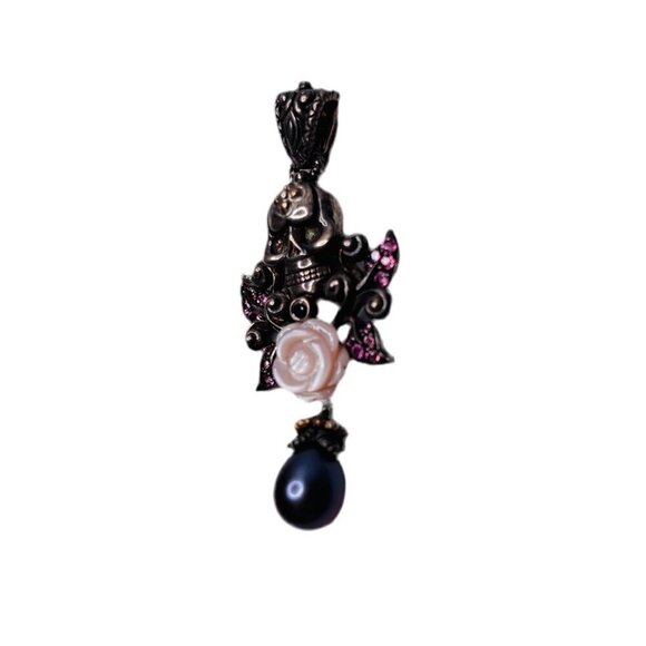 BARBARA BIXBY Skull Rose Pearl Tourmaline Sterling Silver Pendant - Picture 3 of 7